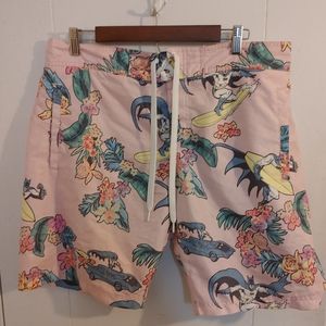Batman with Surf Board Swim Trunks Shorts Pink Floral Hawaiian
